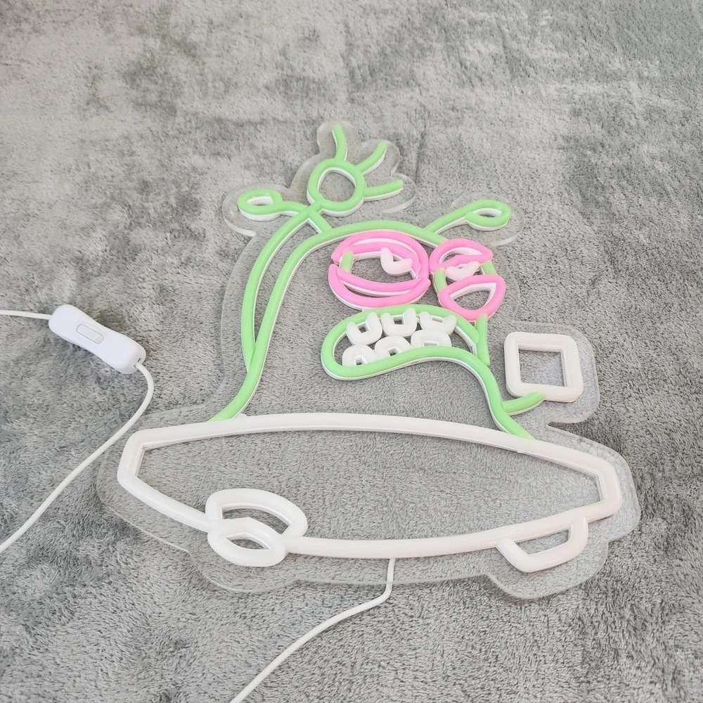 Custom LED‎ Neon Alien UFO Cartoon Sign Pink Green White Wall Art Light Deco